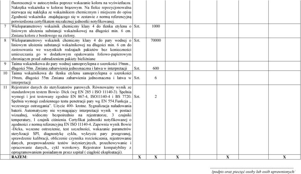 niezależnej jednostki notyfikowanej. 7 Wieloparametrowy wskaźnik chemiczny klasy 4 do tlenku etylenu o liniowym ułożeniu substancji wskaźnikowej na długości min. 6 cm.