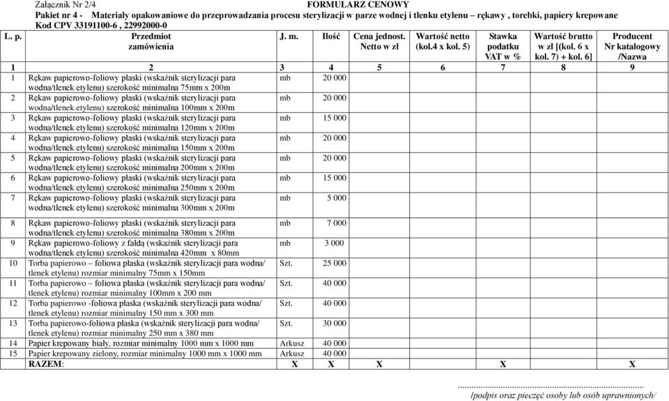 6] 1 Rękaw papierowo-foliowy płaski (wskaźnik sterylizacji para mb 20 000 wodna/tlenek etylenu) szerokość minimalna 75mm x 200m 2 Rękaw papierowo-foliowy płaski (wskaźnik sterylizacji para mb 20 000