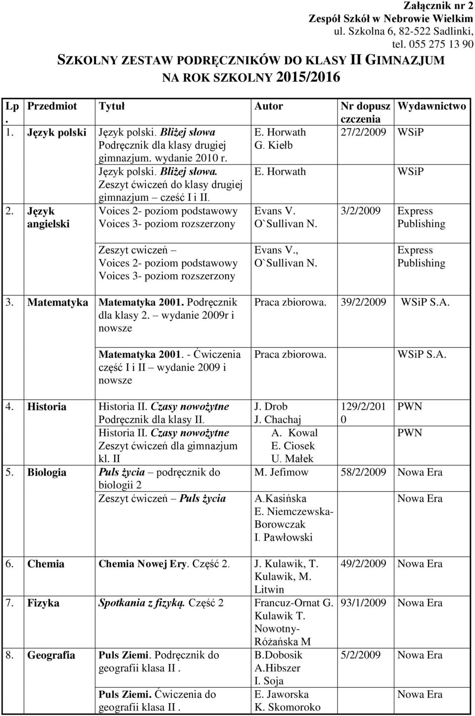 O`Sullivan N. 3/2/2009 Express Publishing Zeszyt cwiczeń Voices 2- poziom podstawowy Voices 3- poziom rozszerzony Evans V., O`Sullivan N. Express Publishing 3. Matematyka Matematyka 2001.