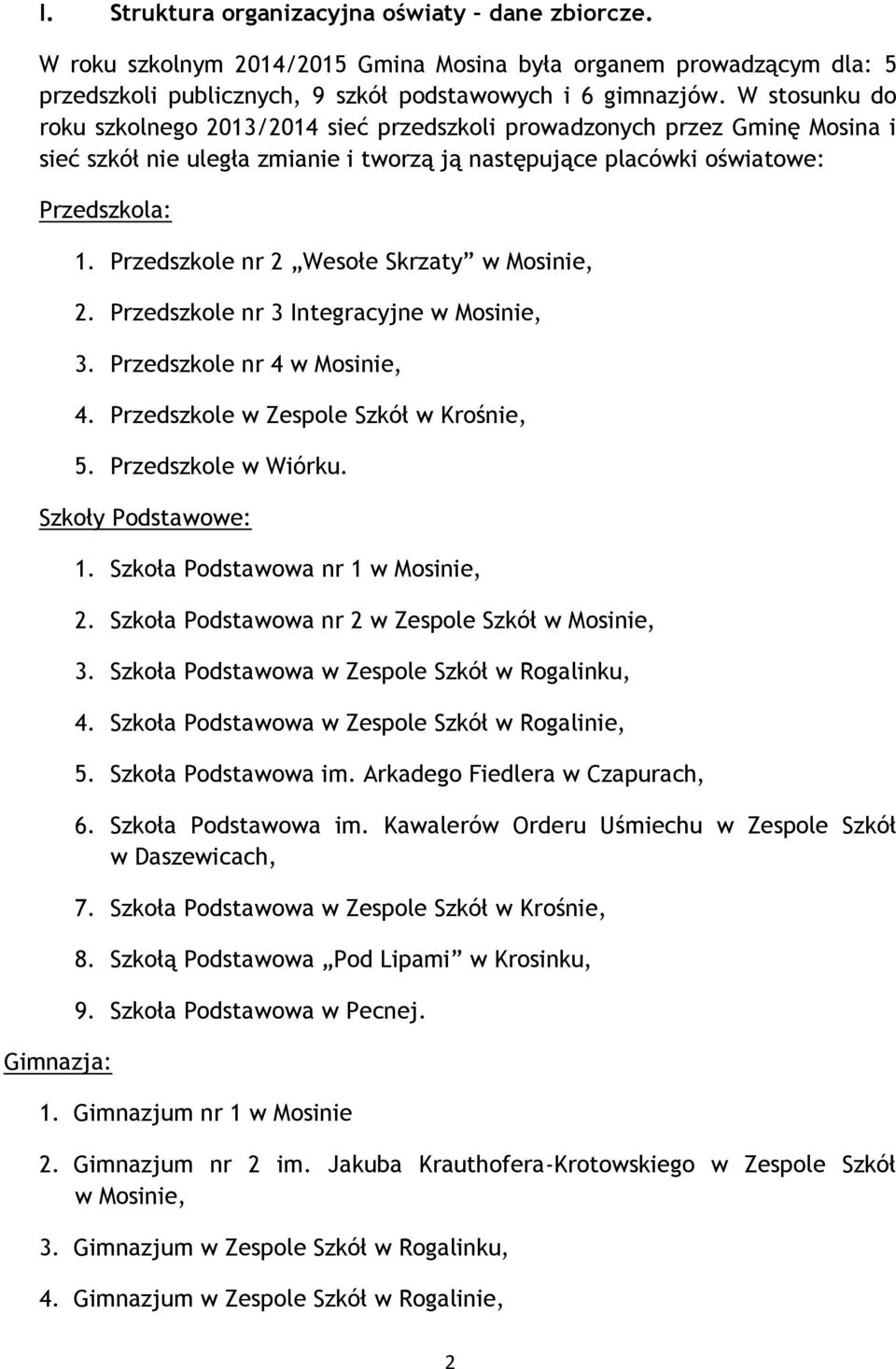 Przedszkole nr 2 Wesołe Skrzaty w Mosinie, 2. Przedszkole nr 3 Integracyjne w Mosinie, 3. Przedszkole nr 4 w Mosinie, 4. Przedszkole w Zespole Szkół w Krośnie, 5. Przedszkole w Wiórku.