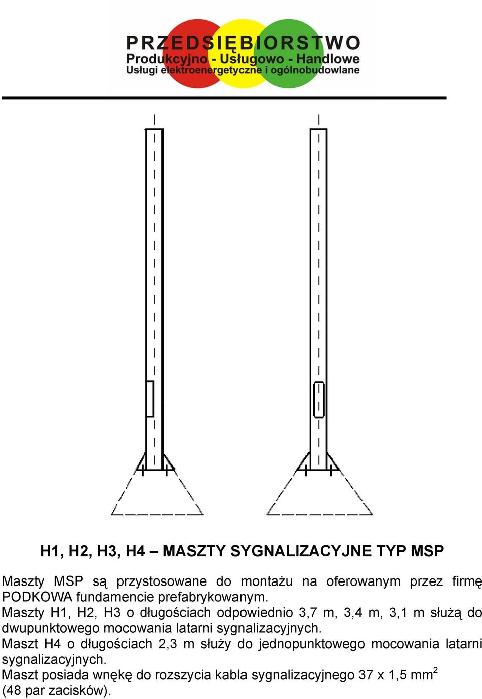 Maszty H1, H2, H3 o długościach odpowiednio 3,7 m, 3,4 m, 3,1 m służą do dwupunktowego mocowania latarni