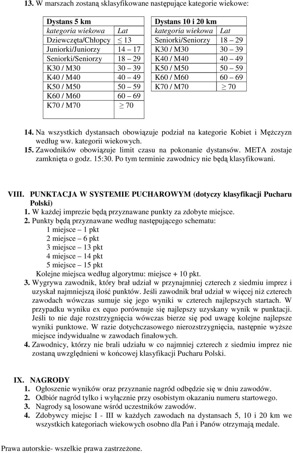 70 14. Na wszystkich dystansach obowiązuje podział na kategorie Kobiet i Mężczyzn według ww. kategorii wiekowych. 15. Zawodników obowiązuje limit czasu na pokonanie dystansów.