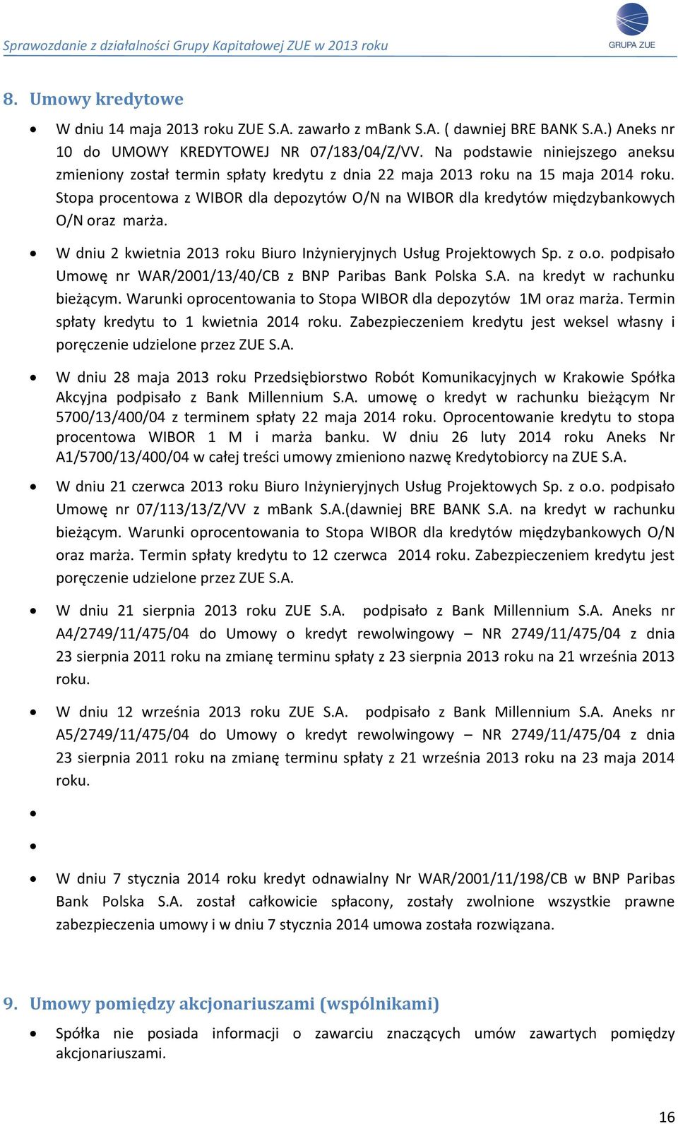 Stopa procentowa z WIBOR dla depozytów O/N na WIBOR dla kredytów międzybankowych O/N oraz marża. W dniu 2 kwietnia 2013 roku Biuro Inżynieryjnych Usług Projektowych Sp. z o.o. podpisało Umowę nr WAR/2001/13/40/CB z BNP Paribas Bank Polska S.