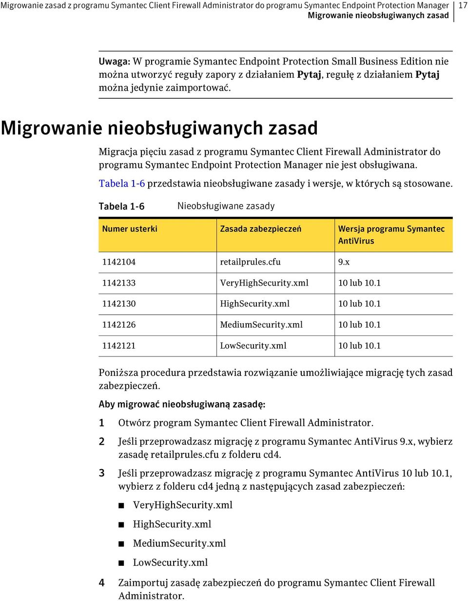 Migrowanie nieobsługiwanych zasad Migracja pięciu zasad z programu Symantec Client Firewall Administrator do programu Symantec Endpoint Protection Manager nie jest obsługiwana.