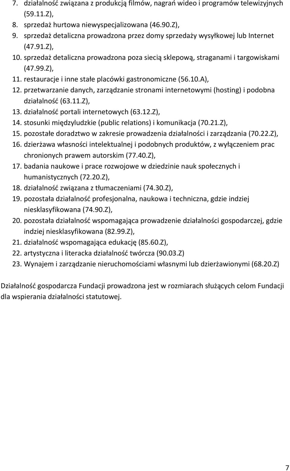 restauracje i inne stałe placówki gastronomiczne (56.10.A), 12. przetwarzanie danych, zarządzanie stronami internetowymi (hosting) i podobna działalność (63.11.Z), 13.