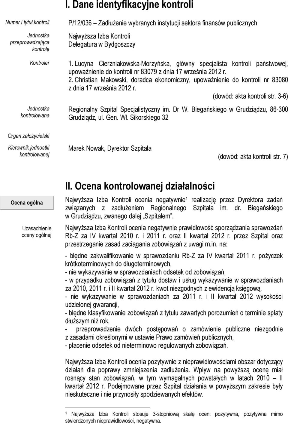 12 r. 2. Christian Makowski, doradca ekonomiczny, upoważnienie do kontroli nr 83080 z dnia 17 września 2012 r. (dowód: akta kontroli str. 3-6) Regionalny Szpital Specjalistyczny im. Dr W.