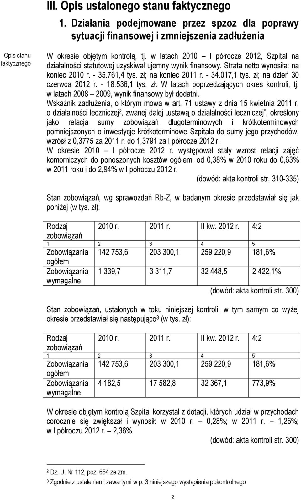 zł; na dzień 30 czerwca 2012 r. - 18.536,1 tys. zł. W latach poprzedzających okres kontroli, tj. w latach 2008 2009, wynik finansowy był dodatni. Wskaźnik zadłużenia, o którym mowa w art.