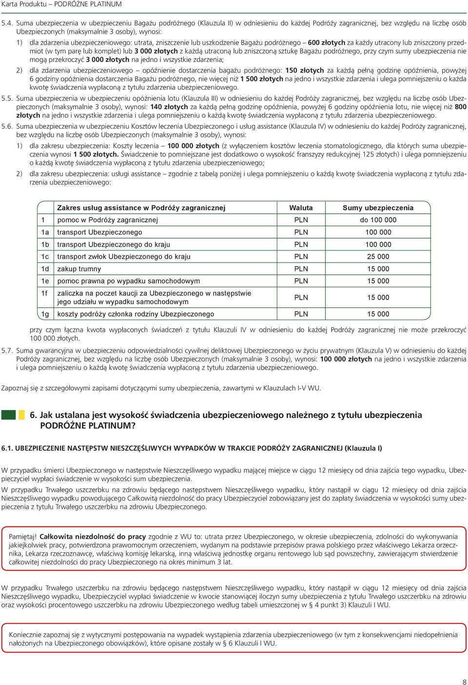 lub zniszczoną sztukę Bagażu podróżnego, przy czym sumy ubezpieczenia nie mogą przekroczyć 3 000 złotych na jedno i wszystkie zdarzenia; 2) dla zdarzenia ubezpieczeniowego opóźnienie dostarczenia