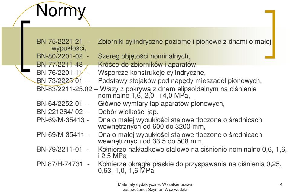 02 Włazy z pokrywą z dnem elipsoidalnym na ciśnienie nominalne 1,6, 2,0, i 4,0 MPa, BN-64/2252-01 - Główne wymiary łap aparatów pionowych, BN-221264/-02 - Dobór wielkości łap, PN-69/M-35413 - Dna o