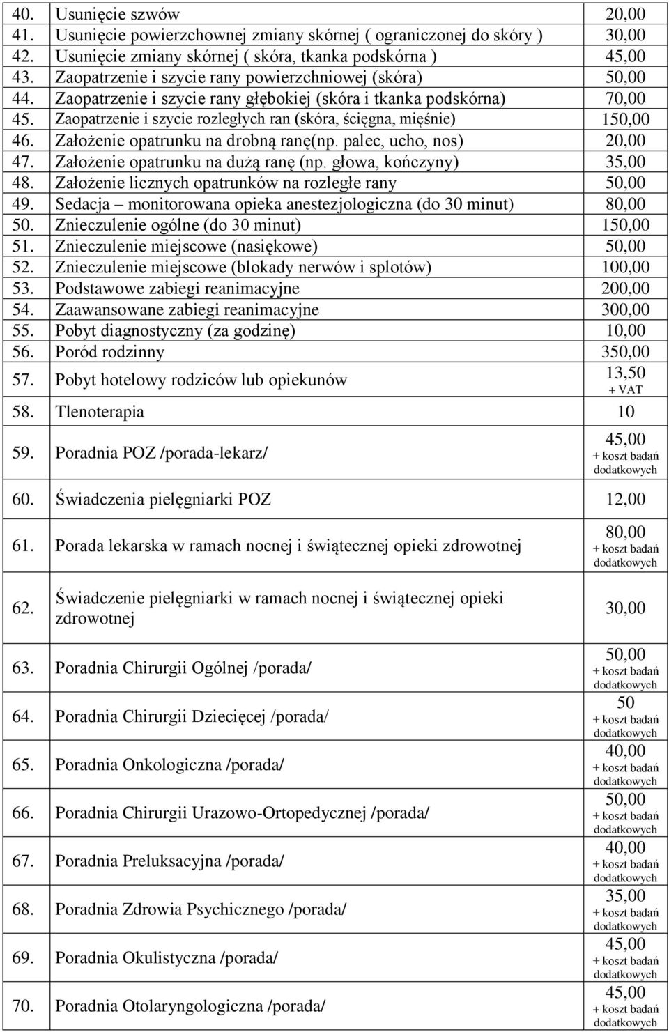 Zaopatrzenie i szycie rozległych ran (skóra, ścięgna, mięśnie) 150,00 46. Założenie opatrunku na drobną ranę(np. palec, ucho, nos) 20,00 47. Założenie opatrunku na dużą ranę (np.