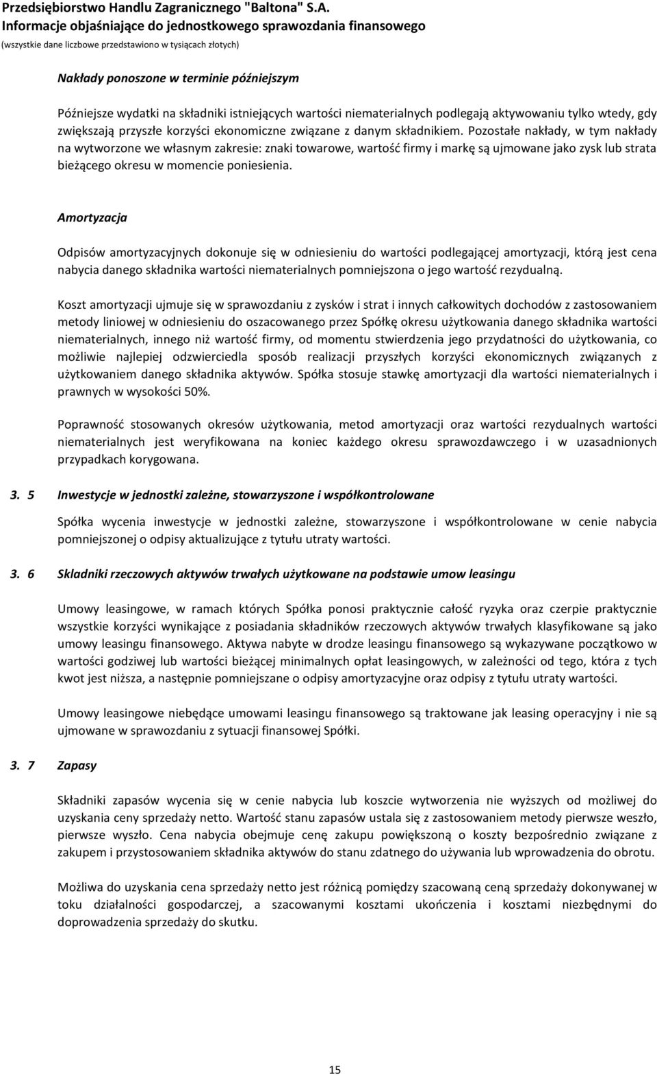 Amortyzacja 3. 5 Inwestycje w jednostki zależne, stowarzyszone i współkontrolowane 3. 6 Skladniki rzeczowych aktywów trwałych użytkowane na podstawie umow leasingu 3.