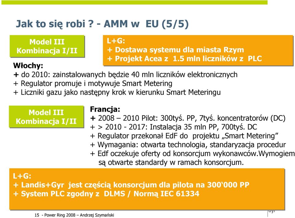 Meteringu Model III Kombinacja I/II Francja: + 2008 2010 Pilot: 300tyś. PP, 7tyś. koncentratorów (DC) + > 2010-2017: Instalacja 35 mln PP, 700tyś.