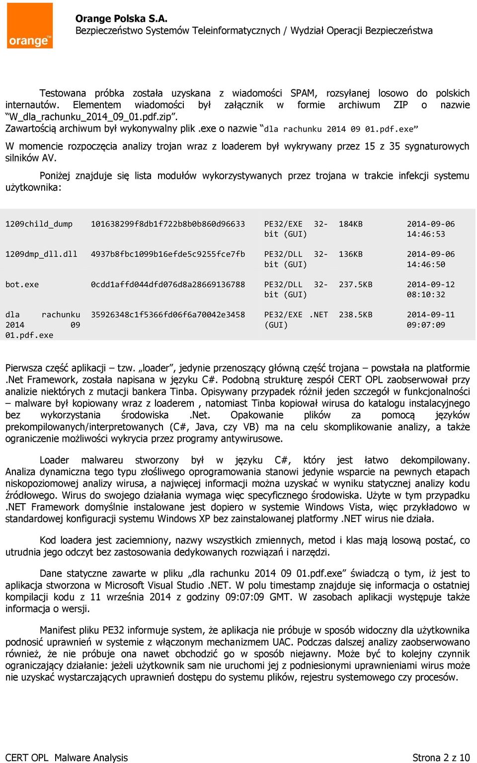 Poniżej znajduje się lista modułów wykorzystywanych przez trojana w trakcie infekcji systemu użytkownika: 1209child_dump 101638299f8db1f722b8b0b860d96633 PE32/EXE 32- bit (GUI) 1209dmp_dll.