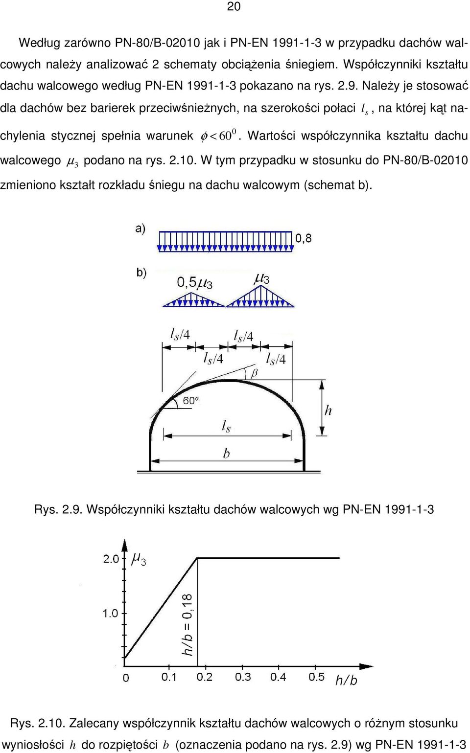 1-1-3 pokazano na rys. 2.9. NaleŜy je stosować dla dachów bez barierek przeciwśnieŝnych, na szerokości połaci l s, na której kąt nachylenia stycznej spełnia warunek 0 φ < 60.