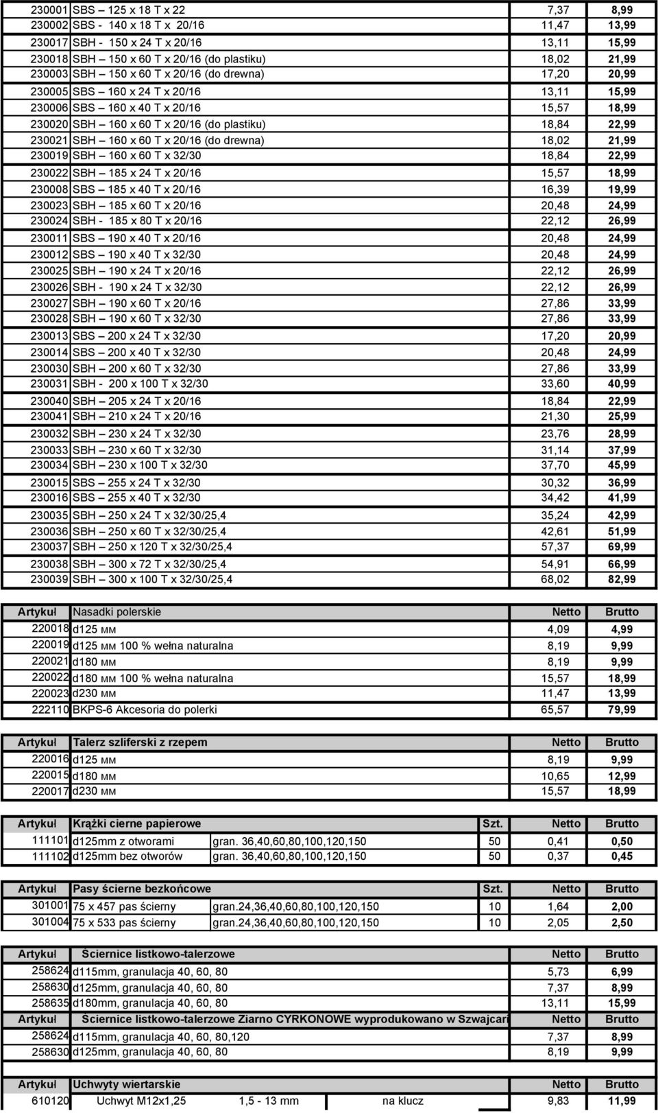 x 20/16 (do drewna) 18,02 21,99 230019 SBH 160 x 60 T x 32/30 18,84 22,99 230022 SBH 185 x 24 T x 20/16 15,57 18,99 230008 SBS 185 x 40 T x 20/16 16,39 19,99 230023 SBH 185 x 60 T x 20/16 20,48 24,99