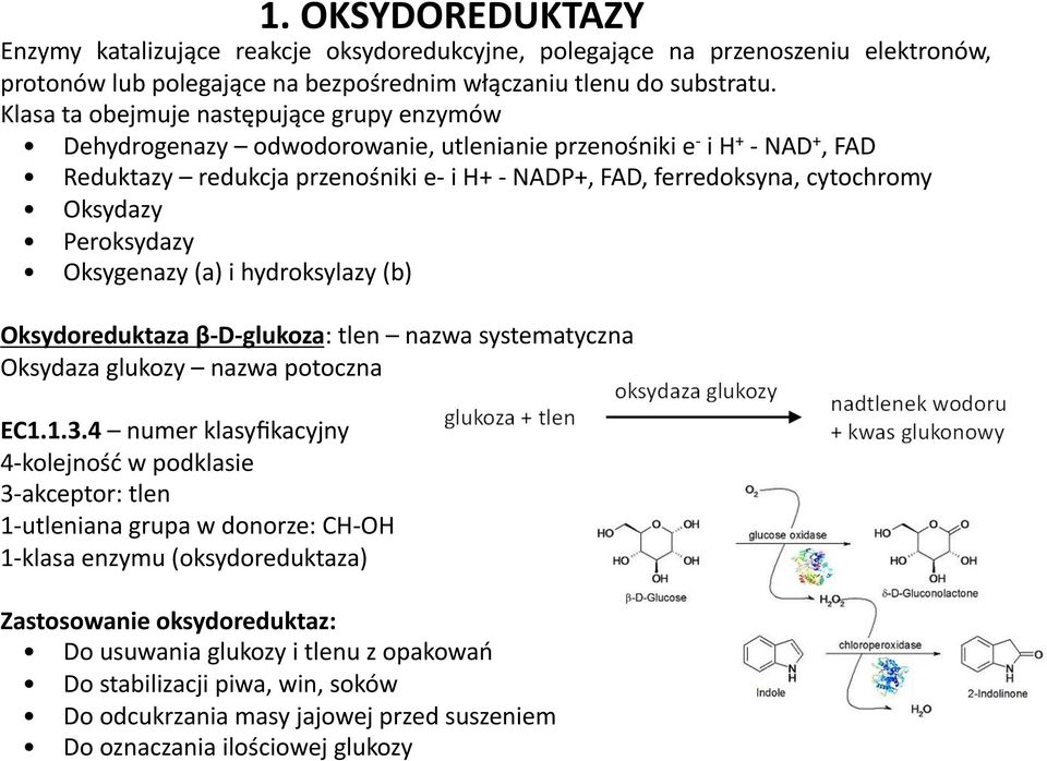 Oksydazy Peroksydazy Oksygenazy (a) i hydroksylazy (b) Oksydoreduktaza β- D- glukoza: tlen nazwa systematyczna Oksydaza glukozy nazwa potoczna EC1.1.3.