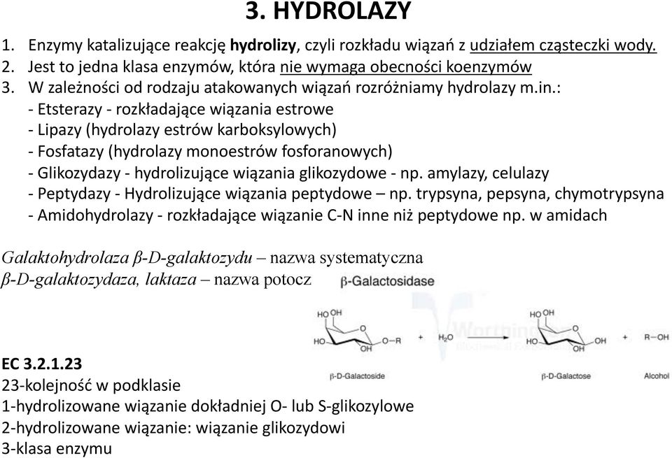 : - Etsterazy - rozkładające wiązania estrowe - Lipazy (hydrolazy estrów karboksylowych) - Fosfatazy (hydrolazy monoestrów fosforanowych) - Glikozydazy - hydrolizujące wiązania glikozydowe - np.