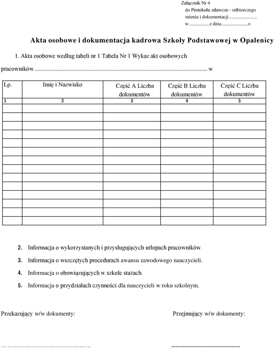 Imię i Nazwisko Część A Liczba Część B Liczba Część C Liczba dokumentów dokumentów dokumentów 1 2 3 4 5 2.
