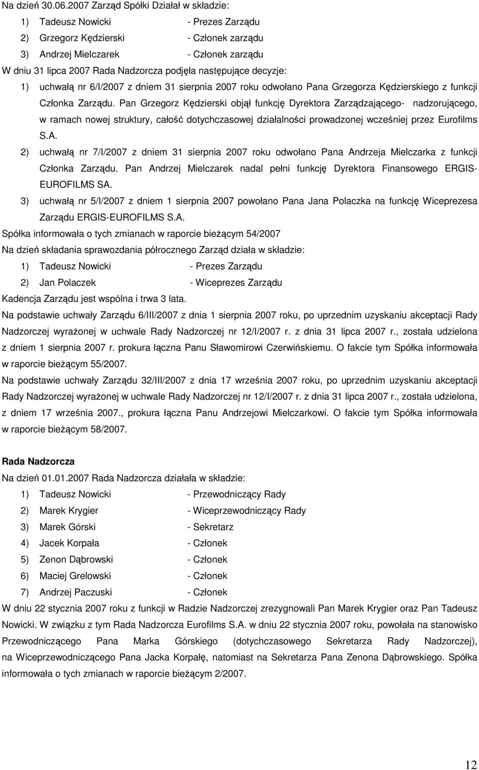 nastpujce decyzje: 1) uchwał nr 6/I/2007 z dniem 31 sierpnia 2007 roku odwołano Pana Grzegorza Kdzierskiego z funkcji Członka Zarzdu.