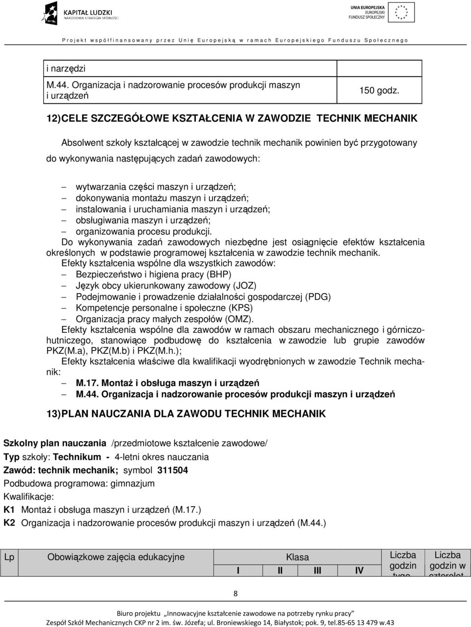 wytwarzania części maszyn i urządzeń; dokonywania montażu maszyn i urządzeń; instalowania i uruchamiania maszyn i urządzeń; obsługiwania maszyn i urządzeń; organizowania procesu produkcji.