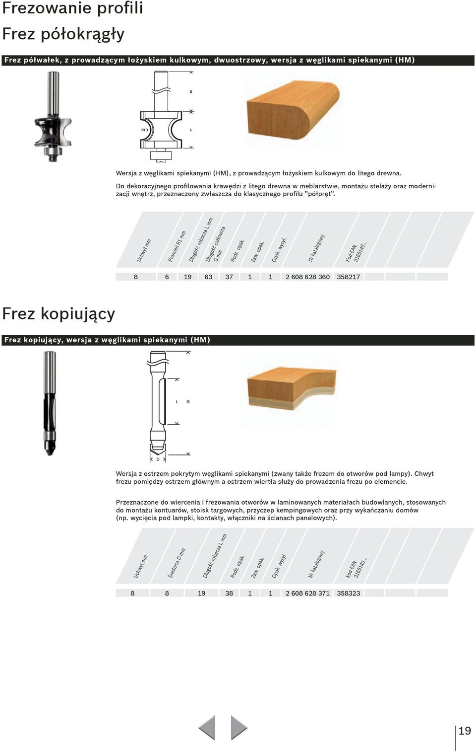 Uchwyt mm Promie R1 mm D ugo ca kowita G mm 8 6 19 63 37 1 1 2 608 628 360 358217 Frez kopiuj cy Frez kopiuj cy, wersja z w glikami spiekanymi (HM) Wersja z ostrzem pokrytym w glikami spiekanymi