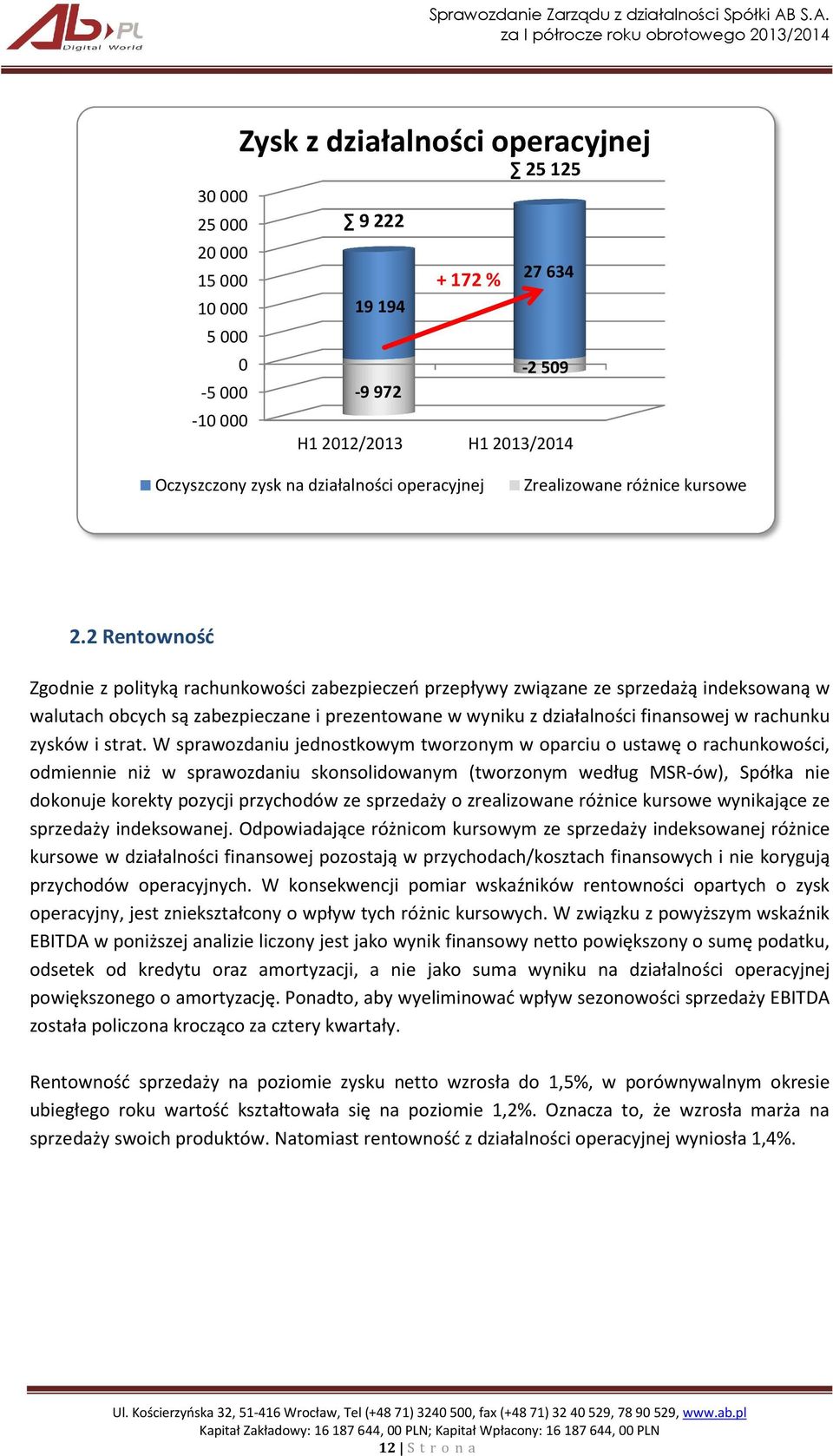 2 Rentowność Zgodnie z polityką rachunkowości zabezpieczeń przepływy związane ze sprzedażą indeksowaną w walutach obcych są zabezpieczane i prezentowane w wyniku z działalności finansowej w rachunku