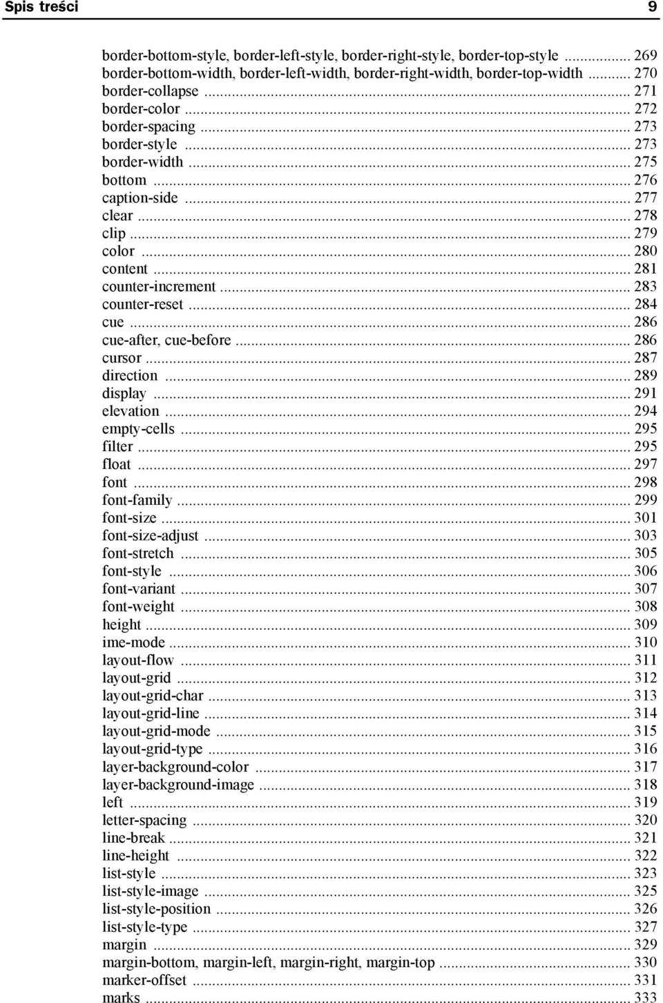 .. 283 counter-reset... 284 cue... 286 cue-after, cue-before... 286 cursor... 287 direction... 289 display... 291 elevation... 294 empty-cells... 295 filter... 295 float... 297 font... 298 font-family.