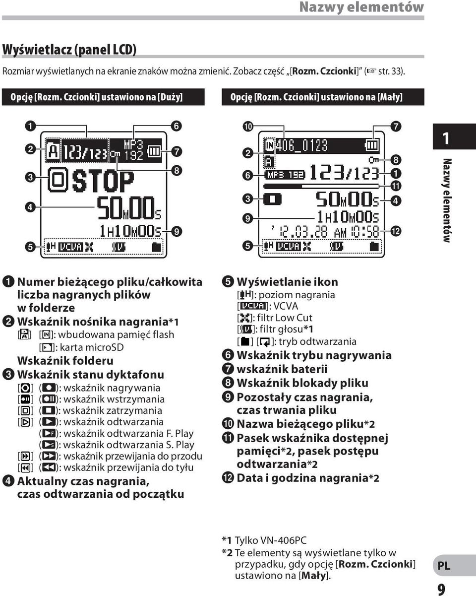 3 4 9 @ 5 1 Nazwy elementów 1 Numer bieżącego pliku/całkowita liczba nagranych plików w folderze 2 Wskaźnik nośnika nagrania*1 [ ] [l]: wbudowana pamięć flash [m]: karta microsd Wskaźnik folderu 3