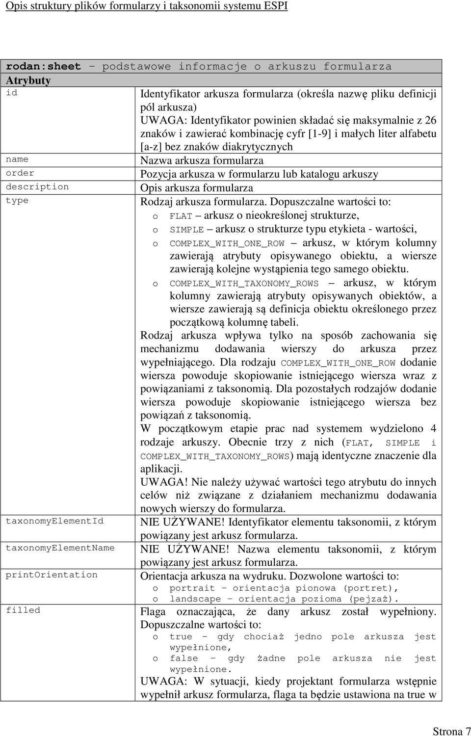 taxonomyelementid taxonomyelementname printorientation filled Opis arkusza formularza Rodzaj arkusza formularza.
