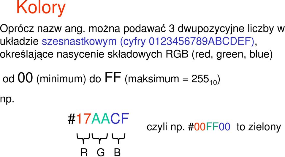 (cyfry 0123456789ABCDEF), określające nasycenie składowych RGB