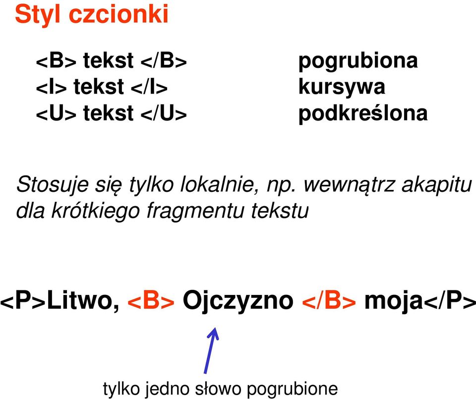 np. wewnątrz akapitu dla krótkiego fragmentu tekstu