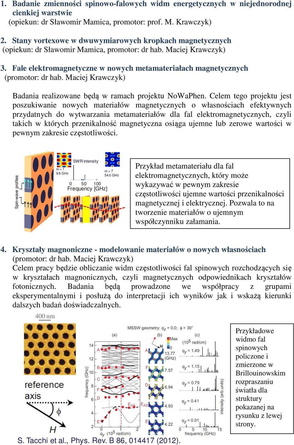 Fale elektromagnetyczne w nowych metamateriałach magnetycznych (promotor: dr hab. Maciej Krawczyk) Badania realizowane będą w ramach projektu NoWaPhen.