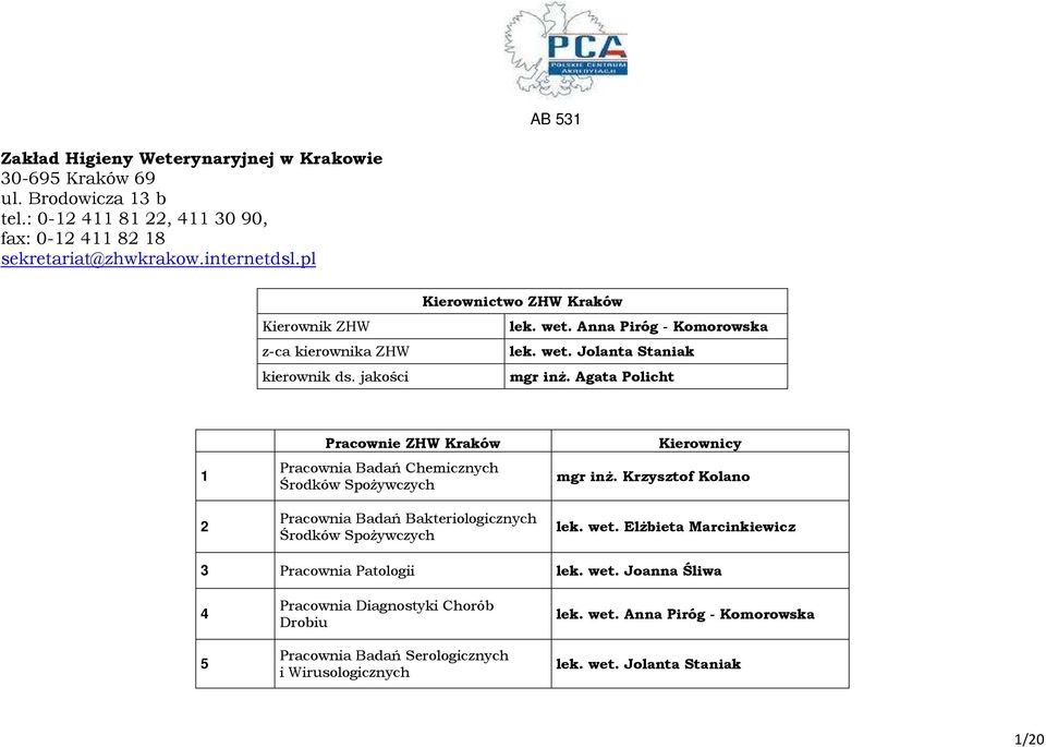 Agata Policht 1 2 Pracownie ZHW Kraków Pracownia Badań Chemicznych Środków SpoŜywczych Pracownia Badań Bakteriologicznych Środków SpoŜywczych Kierownicy mgr inŝ. Krzysztof Kolano lek.