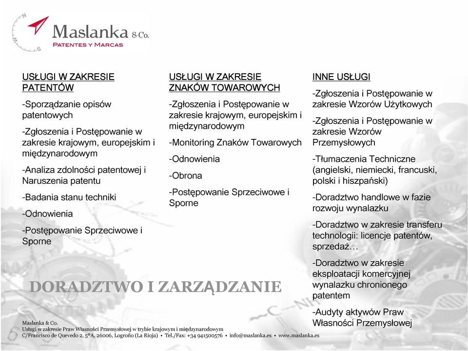 -Monitoring Znaków Towarowych -Odnowienia -Obrona -Postępowanie Sprzeciwowe i Sporne DORADZTWO I ZARZĄDZANIE INNE USŁUGI UGI -Zgłoszenia i Postępowanie w zakresie Wzorów Użytkowych -Zgłoszenia i