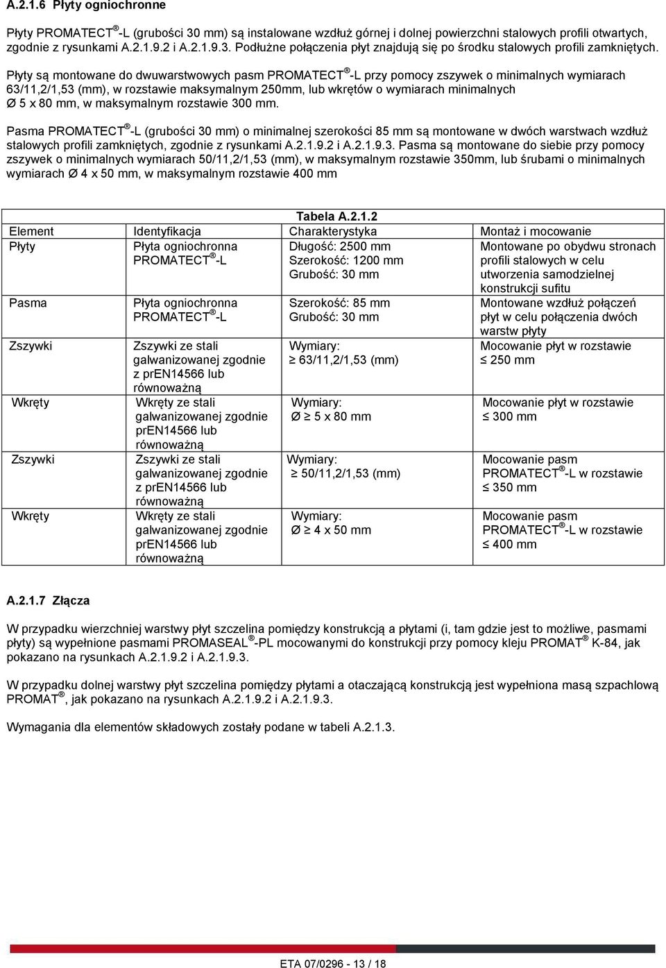 maksymalnym rozstawie 300 mm. Pasma PROMATECT -L (grubości 30 mm) o minimalnej szerokości 85 mm są montowane w dwóch warstwach wzdłuż stalowych profili zamkniętych, zgodnie z rysunkami A.2.1.9.2 i A.