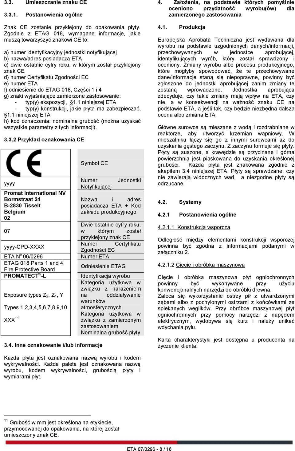 został przyklejony znak CE d) numer Certyfikatu Zgodności EC e) numer ETA f) odniesienie do ETAG 018, Części 1 i 4 g) znaki wyjaśniające zamierzone zastosowanie: - typ(y) ekspozycji, 1.