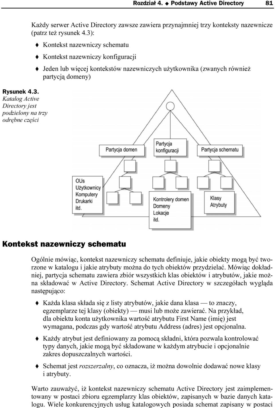 3): J Kontekst nazewniczy schematu J Kontekst nazewniczy konfiguracji J Jeden lub więcej kontekstów nazewniczych użytkownika (wzwanych również partycją domeny) Kontekst nazewniczy schematu Ogólnie