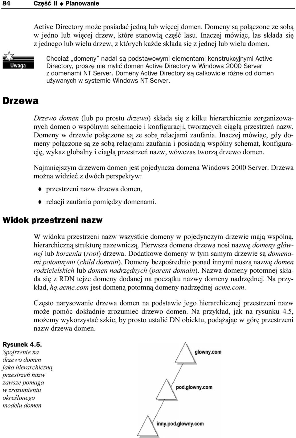 Chociaż domeny nadal są podstawowymi elementami kdonstrukcyjnymi Active Directory, proszę nie mylić domen Active Directory dw Windows 2000 Server z domenami NT Server.