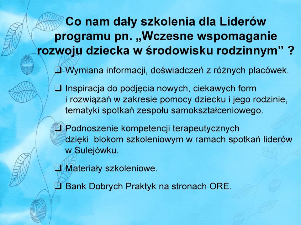 Inspiracja do podjęcia nowych, ciekawych form i rozwiązań w zakresie pomocy dziecku i jego rodzinie, tematyki spotkań