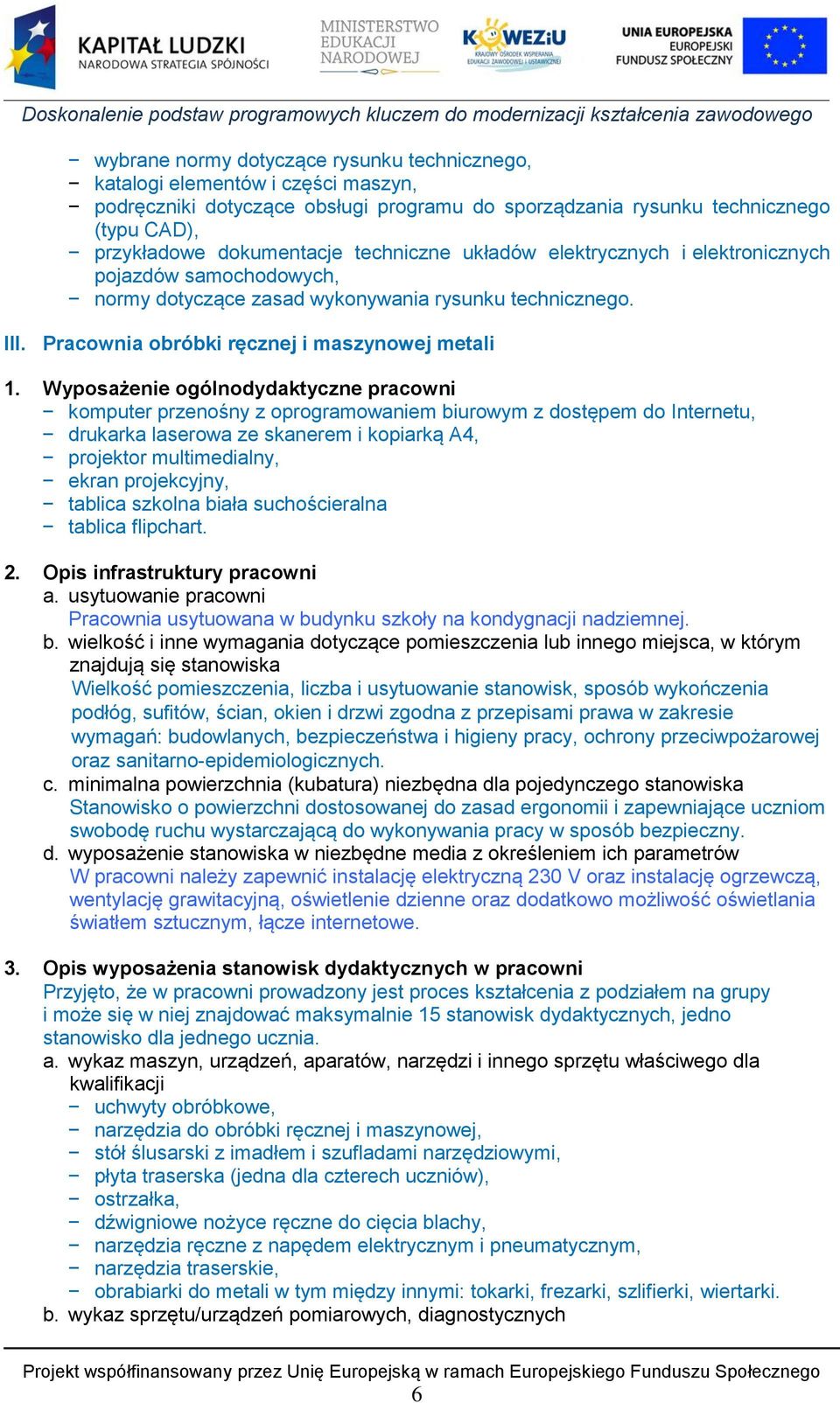 Wyposażenie ogólnodydaktyczne pracowni komputer przenośny z oprogramowaniem biurowym z dostępem do Internetu, drukarka laserowa ze skanerem i kopiarką A4, projektor multimedialny, ekran projekcyjny,