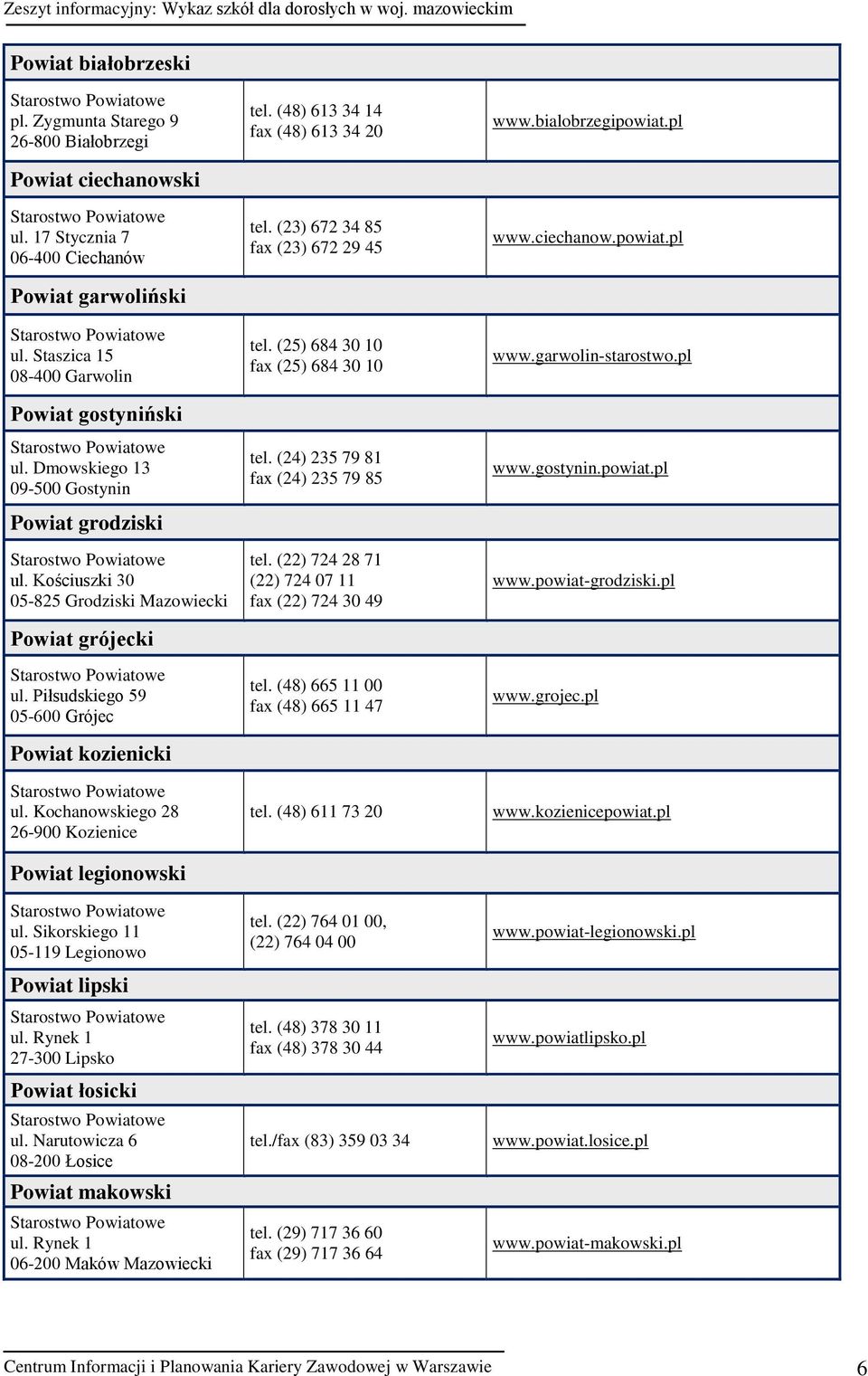 Kochanowskiego 28 26-900 Kozienice Powiat legionowski ul. Sikorskiego 11 05-119 Legionowo Powiat lipski ul. Rynek 1 27-300 Lipsko Powiat łosicki ul. Narutowicza 6 08-200 Łosice Powiat makowski ul.