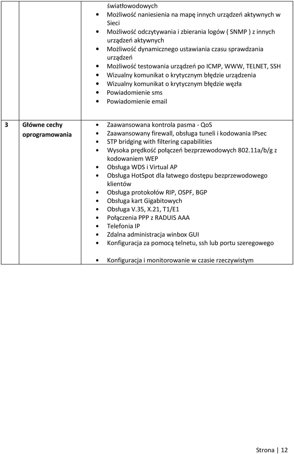 Powiadomienie email 3 Główne cechy oprogramowania Zaawansowana kontrola pasma - QoS Zaawansowany firewall, obsługa tuneli i kodowania IPsec STP bridging with filtering capabilities Wysoka prędkość