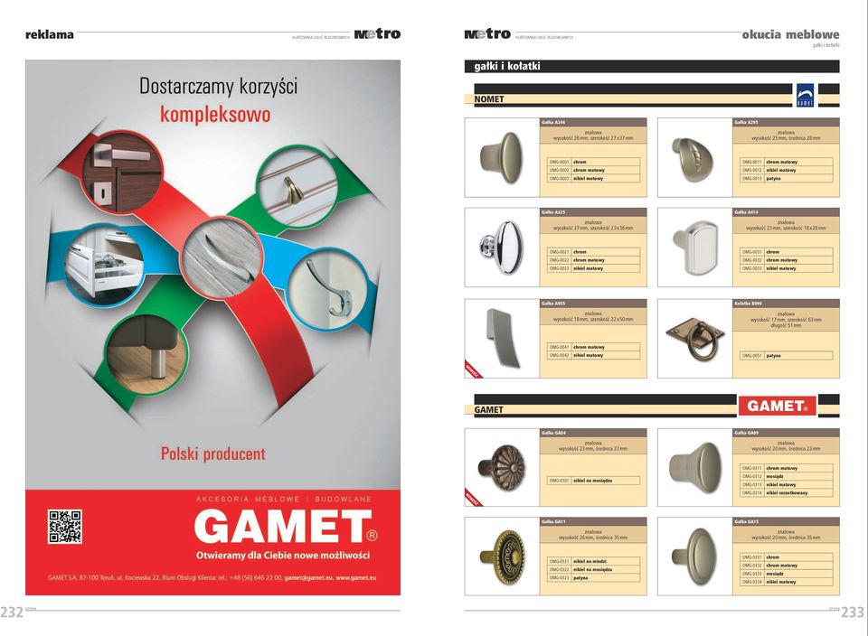 szerokość 22 x 50 mm Kołatka B090 wysokość 17 mm, szerokość 63 mm długość 51 mm OMG-0041 matowy OMG-0042 OMG-0051 GAMET Gałka GA04 wysokość 23 mm, średnica 23 mm Gałka GA09 wysokość 20 mm, średnica
