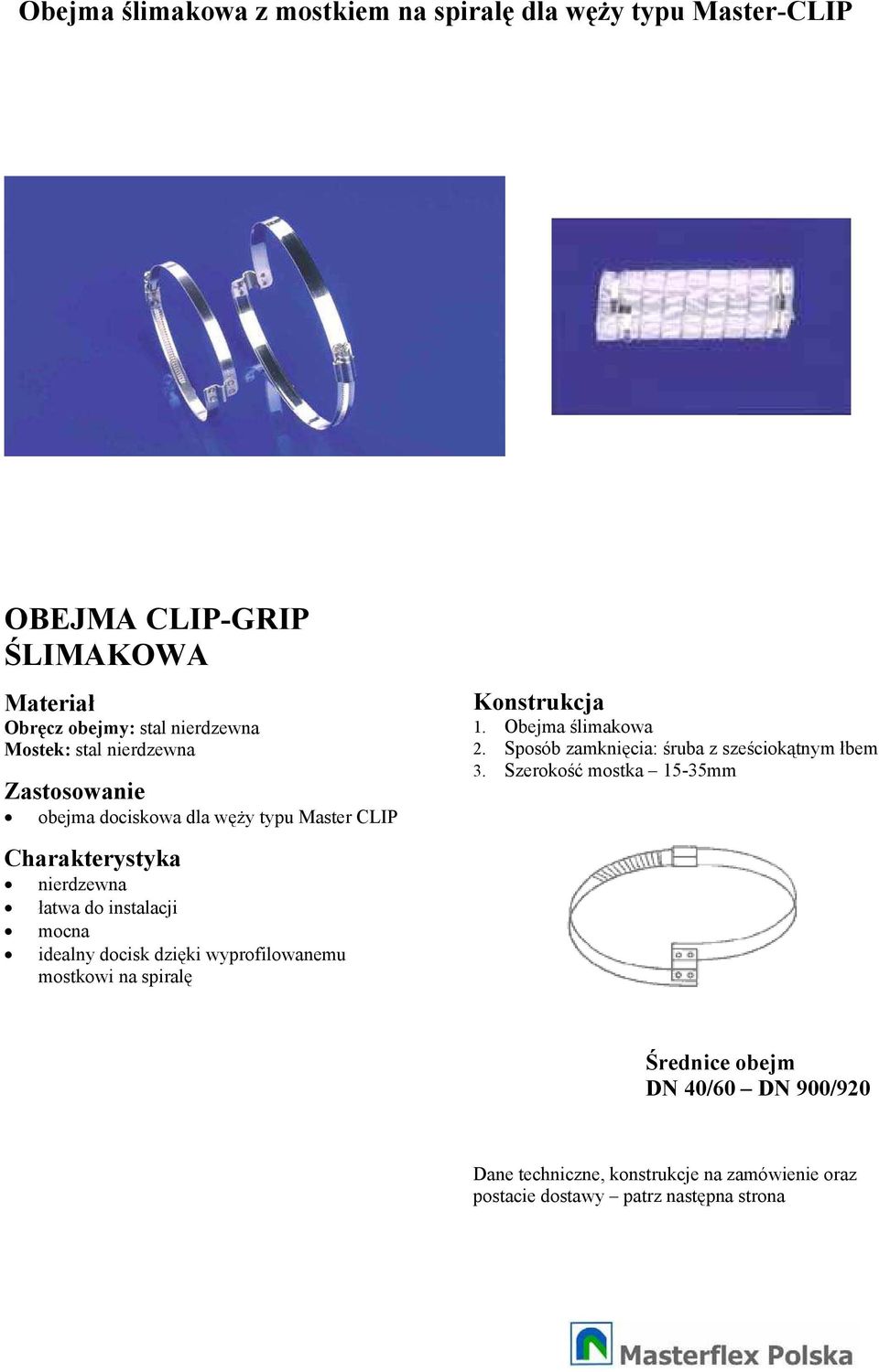 dziki wyprofilowanemu mostkowi na spiral Konstrukcja 1. Obejma limakowa 2. Sposób zamknicia: ruba z szecioktnym bem 3.