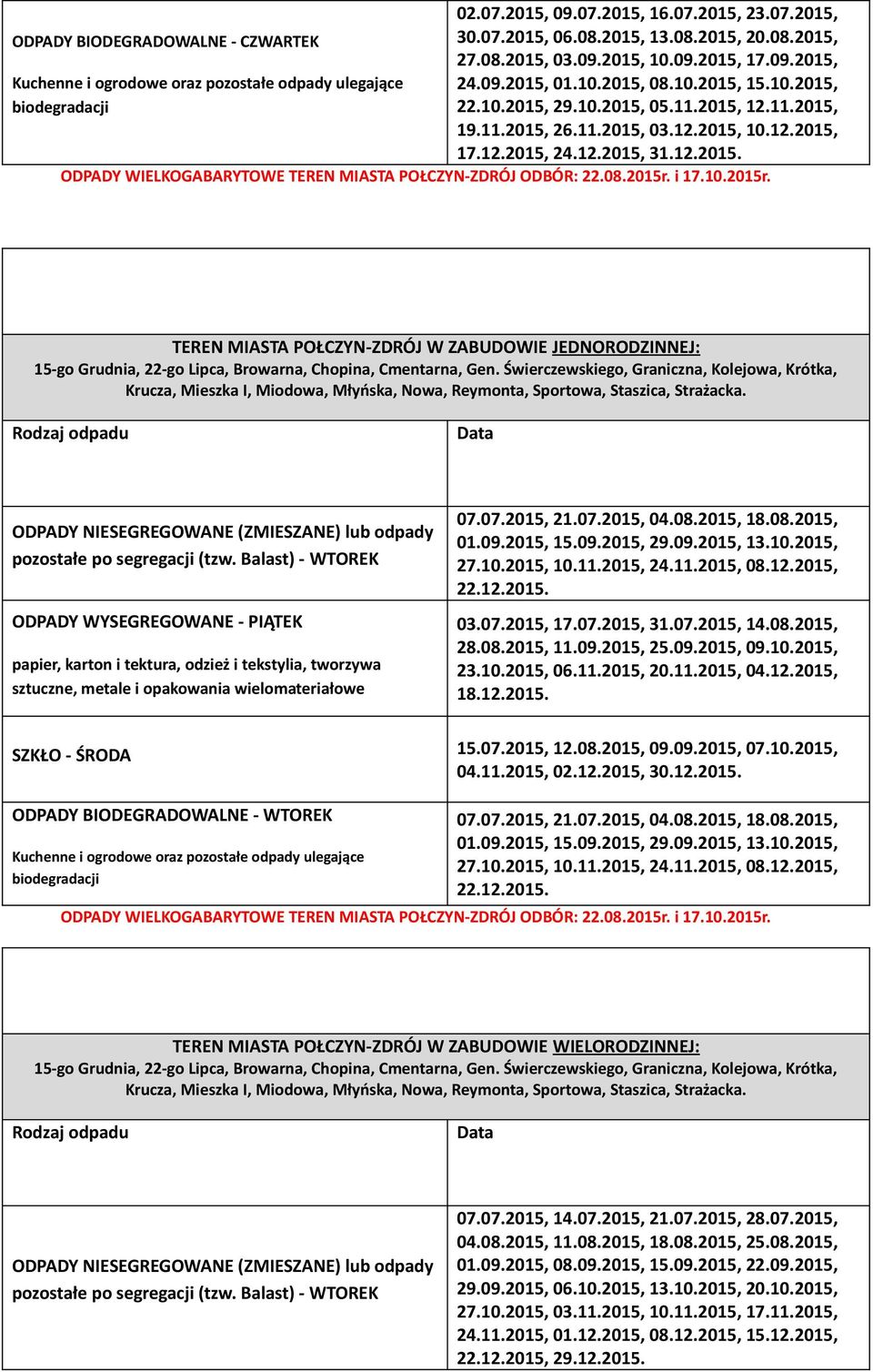 Świerczewskiego, Graniczna, Kolejowa, Krótka, Krucza, Mieszka I, Miodowa, Młyńska, Nowa, Reymonta, Sportowa, Staszica, Strażacka. pozostałe po segregacji (tzw. Balast) - WTOREK 07.07.2015, 21.07.2015, 04.