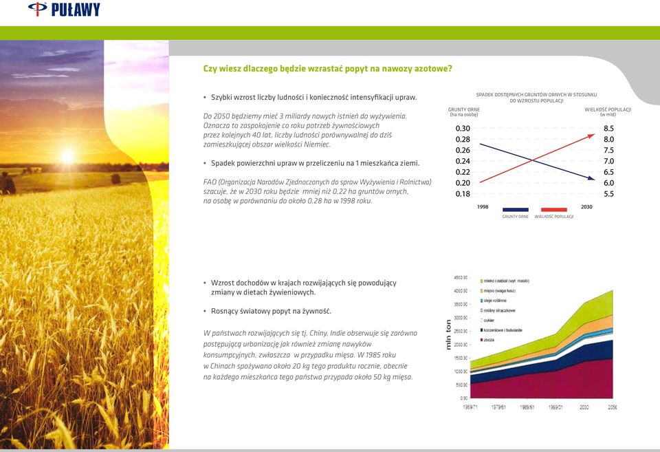 GRUNTY ORNE (ha na osobę) SPADEK DOSTĘPNYCH GRUNTÓW ORNYCH W STOSUNKU DO WZROSTU POPULACJI WIELKOŚĆ POPULACJI (w mld) Spadek powierzchni upraw w przeliczeniu na 1 mieszkańca ziemi.
