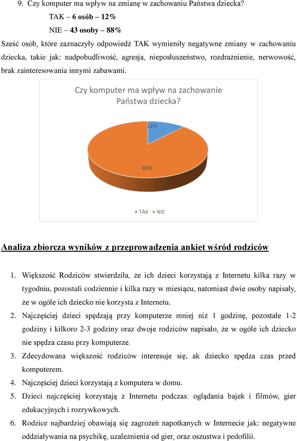 zainteresowania innymi zabawami. Czy komputer ma wpływ na zachowanie Państwa dziecka? 12% 88% Analiza zbiorcza wyników z przeprowadzenia ankiet wśród rodziców 1.