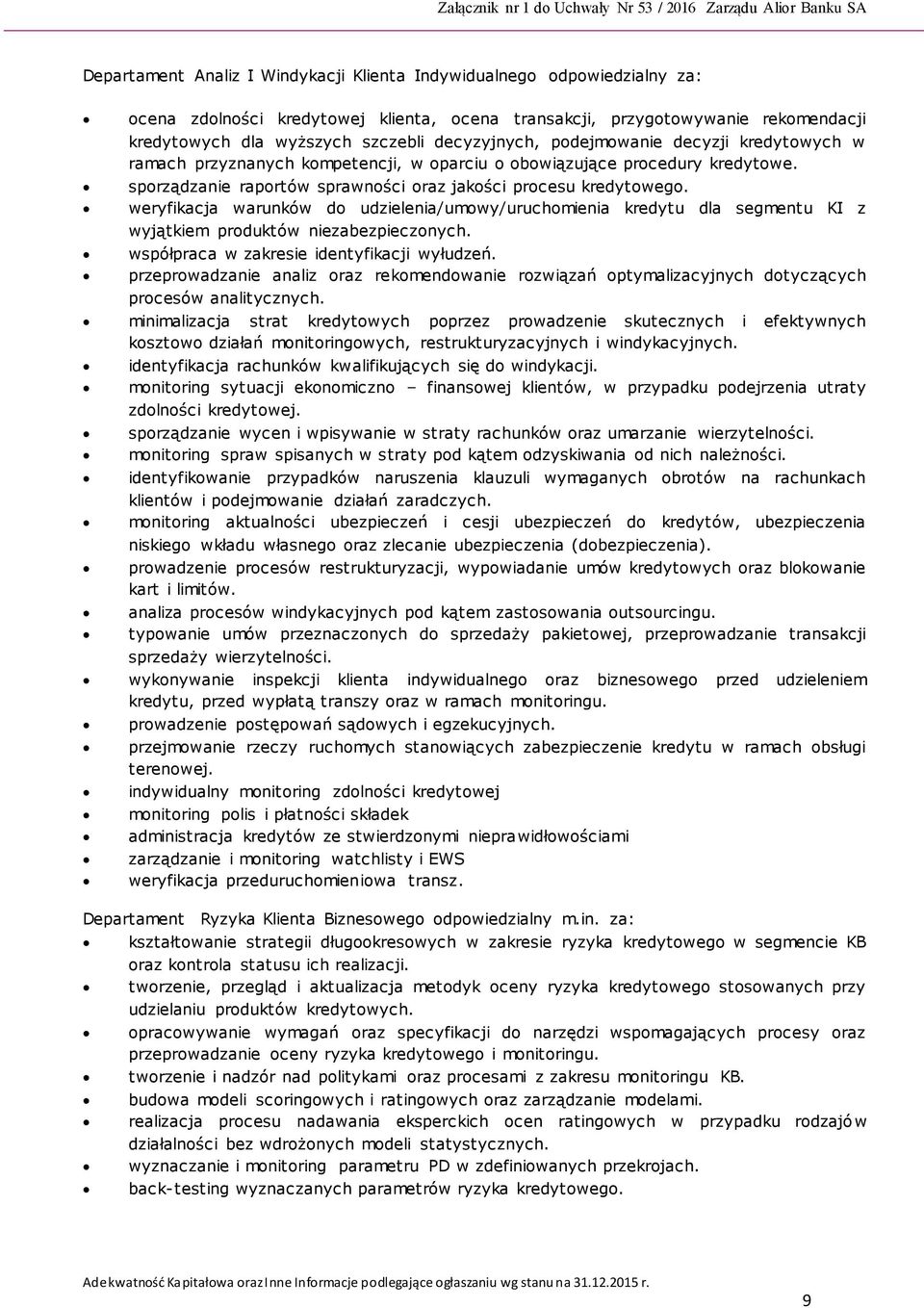 sporządzanie raportów sprawności oraz jakości procesu kredytowego. weryfikacja warunków do udzielenia/umowy/uruchomienia kredytu dla segmentu KI z wyjątkiem produktów niezabezpieczonych.