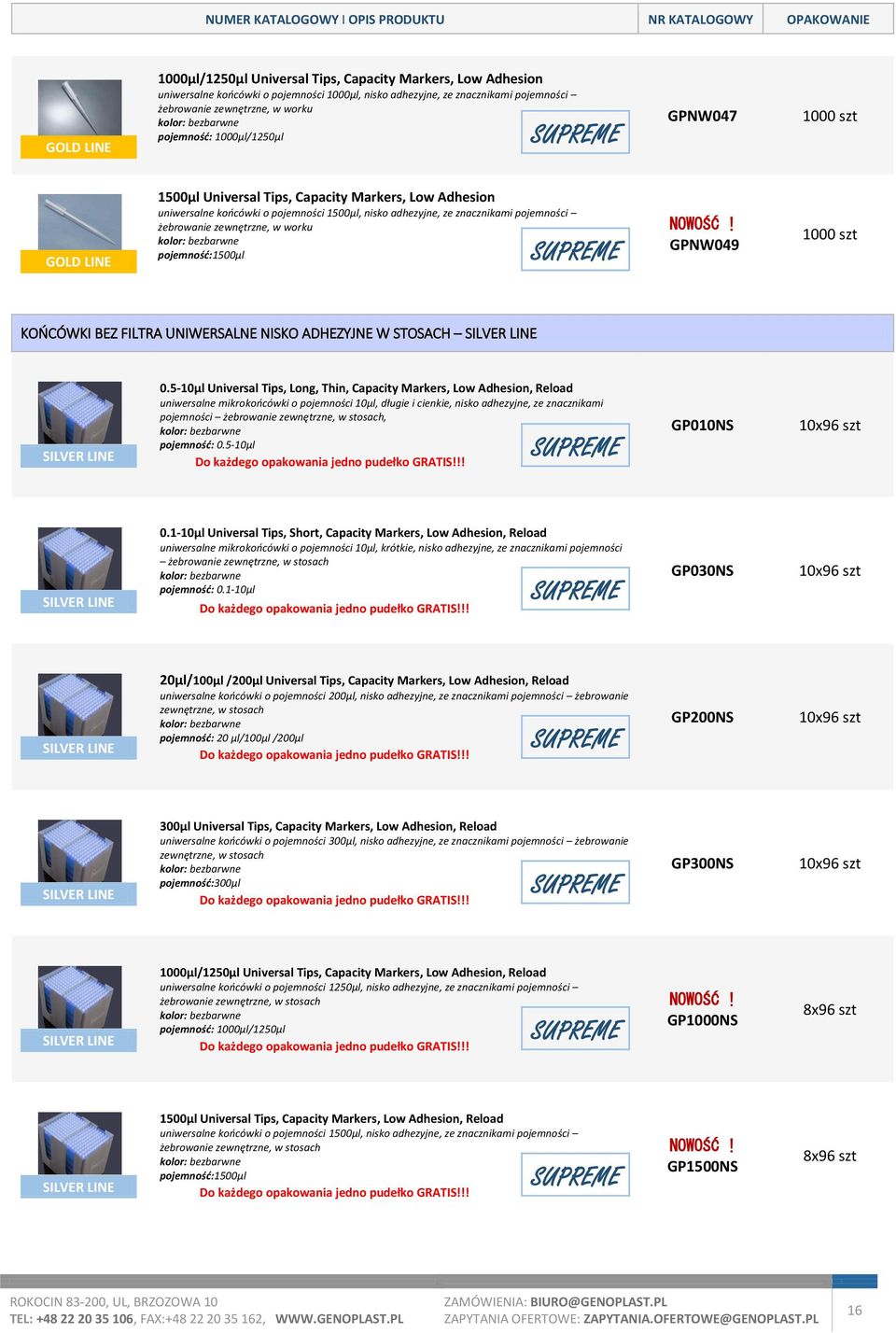 pojemności 1500µl, nisko adhezyjne, ze znacznikami pojemności żebrowanie zewnętrzne, w worku pojemność:1500µl KOŃCÓWKI BEZ FILTRA UNIWERSALNE NISKO ADHEZYJNE W STOSACH 0.