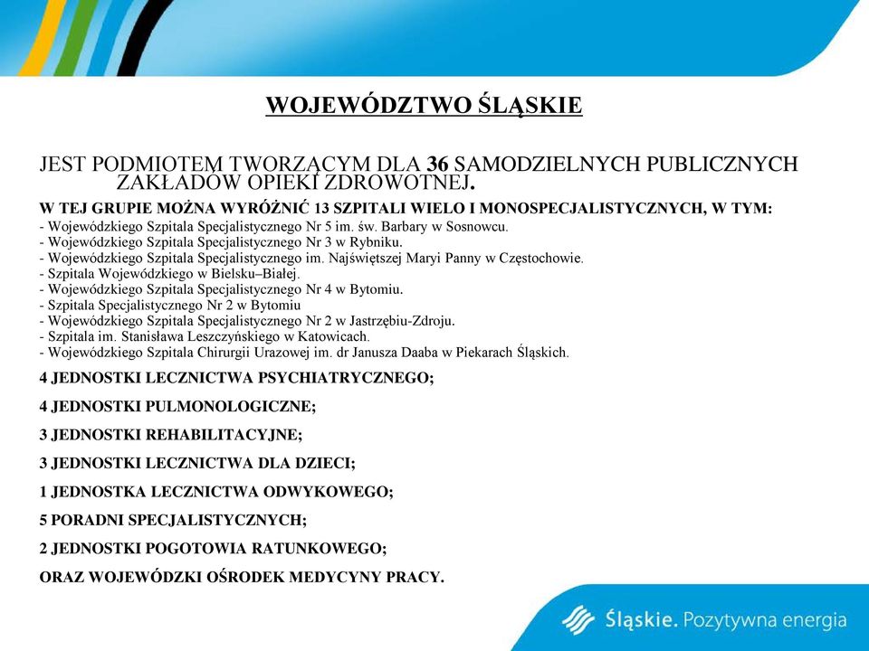 - Wojewódzkiego Szpitala Specjalistycznego Nr 3 w Rybniku. - Wojewódzkiego Szpitala Specjalistycznego im. Najświętszej Maryi Panny w Częstochowie. - Szpitala Wojewódzkiego w Bielsku Białej.